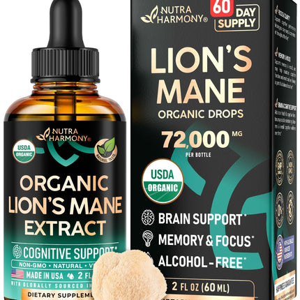 Lions Mane Liquid - USDA Certified Organic Lions Mane Supplement - Brain Support, Energy, Memory & Focus - Sugar & Alcohol-Free Lion's Mane Mushroom Extract 72,000 mg / Bottle, 2 Fl OZ, 2 Month Supply