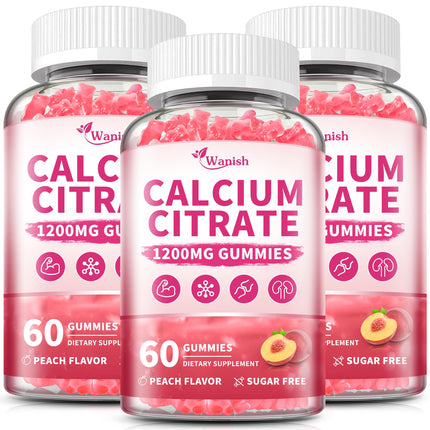 (3 Pack) 1200 mg Calcium Citrate Gummies Supplements for Women & Men,Pure Calcium Citrate Gummies for Bone, Muscle & Immune Support - Easy to Digest, Sugar Free,Vegan,Peach Flavor,60 Day Supply