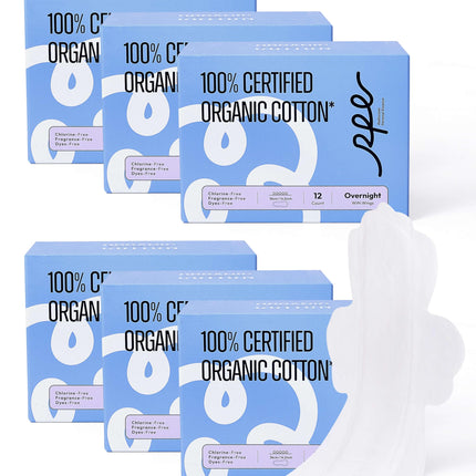 RPE Life 100% GOTS Organic Cotton Overnight Pads, Size 5, 72 Count