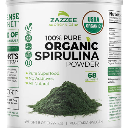 Zazzee USDA Organic Spirulina Powder, 8 Ounces, 68 Servings, Certified Kosher, 100% Pure, Non-Irradiated, Mess-Free Wide Mouth Container, Fresh Smell and Neutral Taste, Non-GMO, Made in the USA