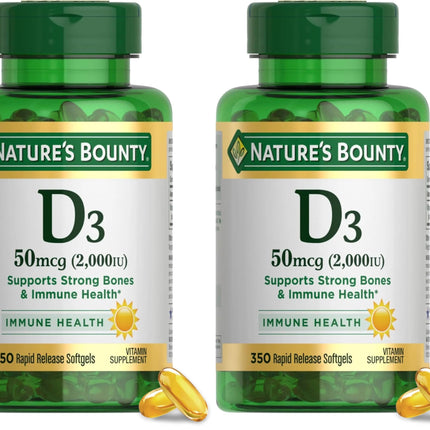 Nature's Bounty Vitamin D3 2000 IU, Supports Immune Health, Calcium Absorption & Bone Strength,Essential for Healthy Bones,Non-GMO,No-Gluten,350 Softgels,1 Serving Per Day for Daily Health,(Pack of 2)