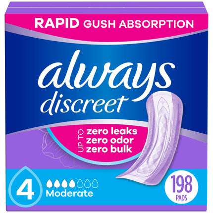 Always Discreet Adult Incontinence Pads for Women, Drier, 4 Drop Regular Length, Moderate Absorbency, Pads for Bladder Control Management, Bladder Leaks, & Postpartum Pads, 198ct