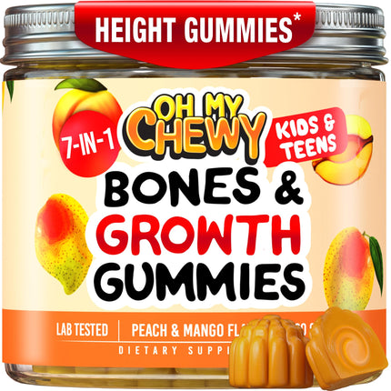 OH MY CHEWY Height Growth Vitamin Gummies for Kids & Teens - Growing Up and Bones Support for Supplement with Calcium, Zinc, Vitamin D3, K2, Spirulina and Astragalus – Peach & Mango 60 CT