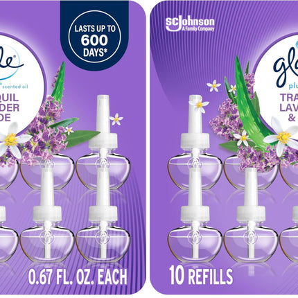 Glade PlugIns Refills Air Freshener,Tranquil Lavender & Aloe,Scented and Essential Oils for Home and Bathroom,0.67 Fl Oz,10 Count (Pack of 2)