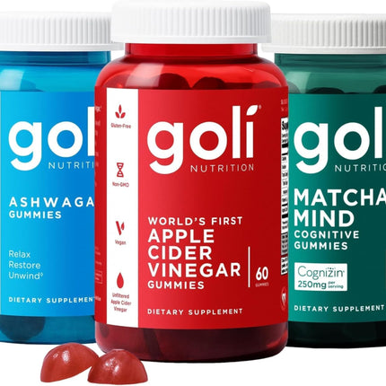 Goli Favorites Trio: Ashwagandha KSM-66, Apple Cider Vinegar, Matcha Mind Supplements with Cognizin, Vitamins D2 and B12