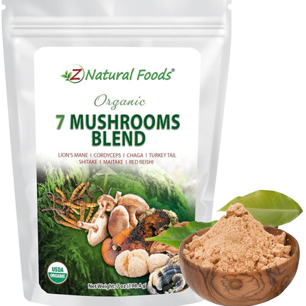 Z Natural Foods Organic 7 Sacred Mushrooms Blend - Mushroom Powder - Lion’s Mane, Cordyceps, Chaga, Red Reishi, Shiitake, Maitake & Turkey Tail Extract for Coffee, Smoothies, 7 oz
