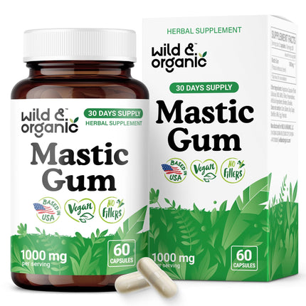 Wild & Organic Mastic Gum Capsules - 1000 mg Mastic Gum Supplement for Gut Support - 30 Days of Supply - 60 Vegan Resin Capsules - No Fillers, Non-GMO, Gluten-Free