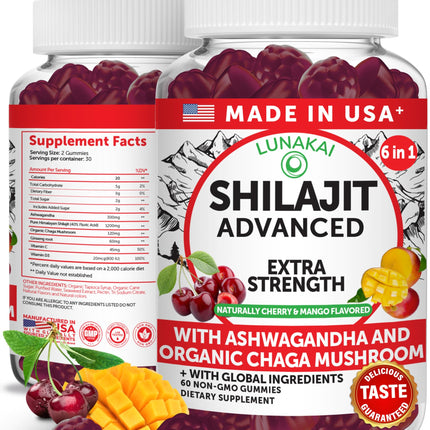 Lunakai USA Made 1200mg Pure Himalayan Shilajit Gummies for Men & Women with Ashwagandha & Chaga – Supplement for Daily Energy & Vitality Support, 60ct