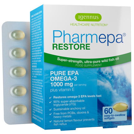 Igennus Pharmepa Restore, Pure EPA 1000mg, IFOS Certified, 90% High Concentration, rTG Omega-3 for High Absorption, Triple Strength, Wild Fish Oil, 60 Softgels