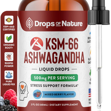 KSM-66 Ashwagandha Liquid Drops – Vegan, GMO Free & Fast Absorbing Form – Ashwagandha Supplements for Daily Wellness Support – Promotes Focus and Clarity – Supports Daily Vitality (Mixed Berry, 60ml)
