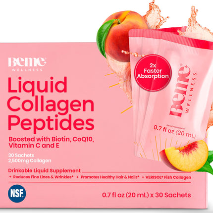 BeMe Liquid Collagen for Women - 2500mg Verisol Collagen Liquid with Biotin, CoQ10 & Vitamin C - Clinically Proven Collagen Peptides for Hair, Skin & Nails - 30 Peach Sachets