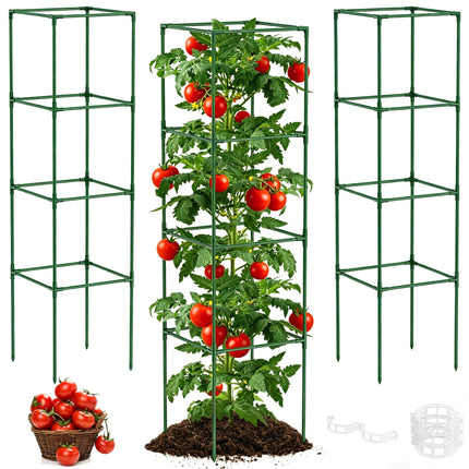 3 Pack Tomato Cage, 14.5" W x 53" H Square Tomato Trellis with 50 Pcs Clips