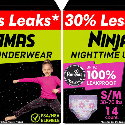 Ninjamas Girls Bedwetting Nighttime Underwear - Size S/M (38-70 lbs), Overnight Protection, Ultra Absorbent, Hypoallergenic, 14 Count (Pack of 2)