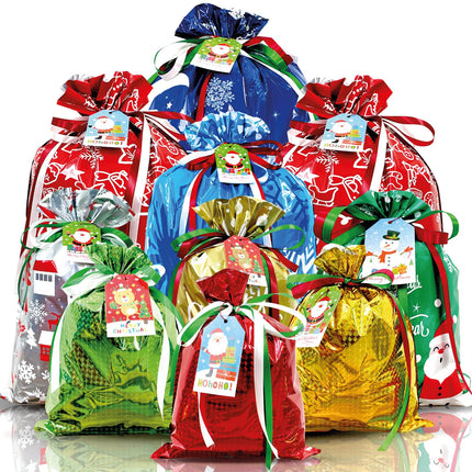 38PC Christmas Drawstring Gift Bags Assorted Sizes Small/Medium/Large