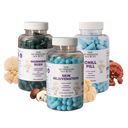 The Mushroom Society Summer Skin Protection – Morning Rush, Chill Pill & Skin Rejuvenation – Mushroom Supplements for Energy, Focus, Relaxation & Beauty Support – 3-Pack Bundle – 120 Capsules Each