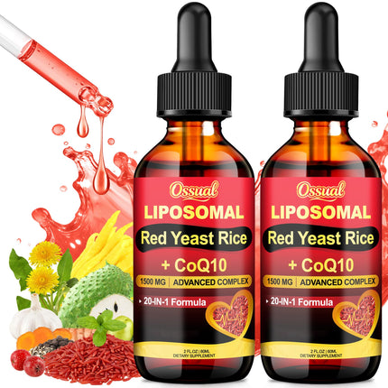 Ossual 20-in-1 Liposomal 1500MG Red Yeast Rice with CoQ10 Drops, Cholesterol Supplement with Citrus Bergamot, Omega-3, Magnesium, Astaxanthin for Heart, Immune - Vegan, Citrinin-Free | 4 Fl OZ