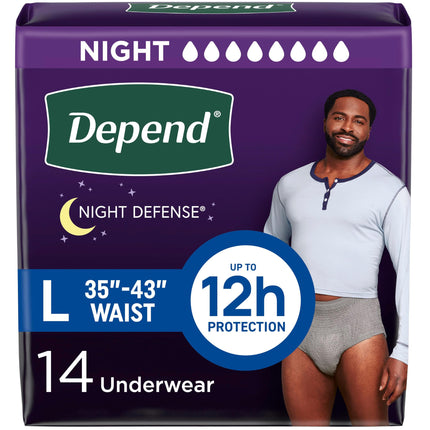 Depend Night Defense Adult Diapers, Incontinence Underwear for Men, Disposable, Overnight, Large, Grey, 14 Count, Packaging May Vary
