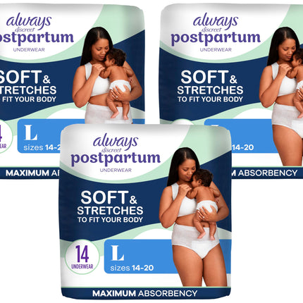 Always Discreet Postpartum and Adult Incontinence Underwear for Women, Large, Maximum Protection, 14 Count (Pack of 3)