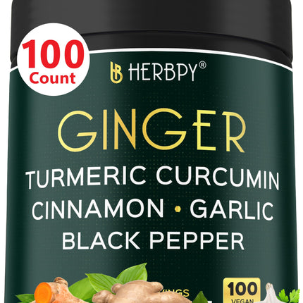 Herbpy 5in1 Ginger and Turmeric Supplements with Ceylon Cinnamon, Garlic - Digestion, Immune, Brain & Heart Health Support - 100 Ginger Capsules