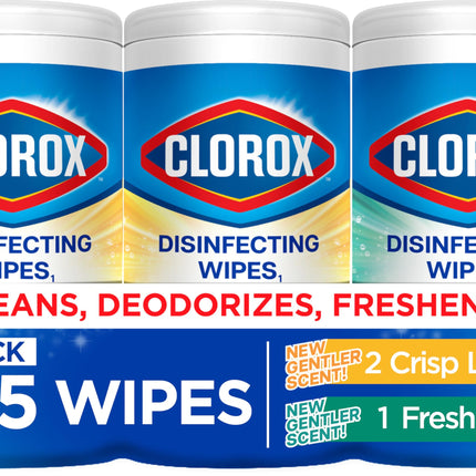 Clorox Disinfecting Wipes for Allergy Season, Bleach-Free, Multi-Surface Cleaner, Antibacterial, Fresh Scent & Crisp Lemon, 75 Count Each, Pack of 3