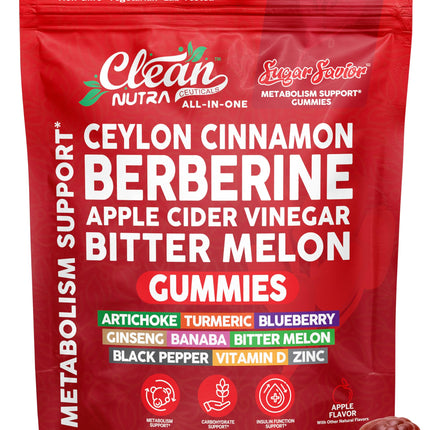 Sugar Savior Ceylon Cinnamon Berberine Gummies Apple Cider Vinegar Artichoke Turmeric Blueberry Ginseng Banaba Bitter Melon Black Pepper Vitamin D Zinc GLP1 Gummies 60 Count by Clean Nutra