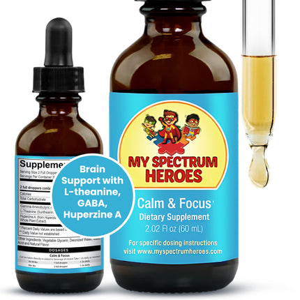My Spectrum Heroes Calm & Focus Supplement Drops - Brain Support with L-theanine, GABA, Huperzine A - Enhance Focus for Kids or Adults - Boost Concentration for Kids & Teens - 2.02 FL oz. (60 ml)