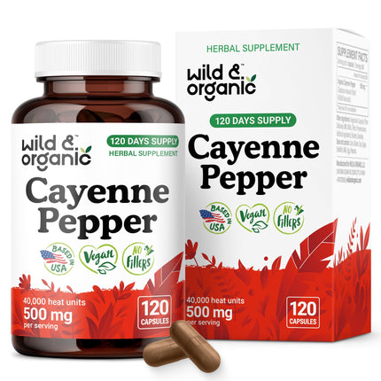 Wild & Organic Cayenne Pepper Capsules 500 mg - Digestive Support - Pure Cayenne Pepper Extract - Capsaicin Supplements - Vegan, No Fillers, Non-GMO - 120 Count