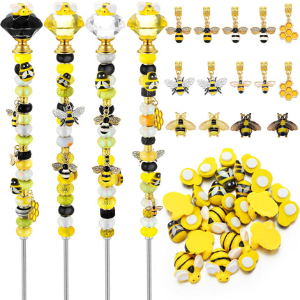 Lineshading 118 Pcs Bee Garden Stakes Fairy Wand DIY Beaded Stakes Garden Decor Includes 4 Crystal Stopper Top 10 Bee Pendant 68 Large Hole Beads 4 Threaded Rods 4 Pcs Nuts, for Craft Supply