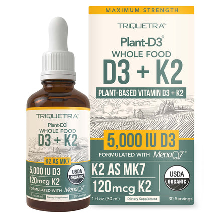 Organic Plant D3 + K2 (5000 iu D3) - All-Trans MK7 from MenaQ7 (120 mcg K2) - 100% Organic & Plant-Based Sublingual D3 Drops (Cholecalciferol), 100% Vegan - Supports Immunity, Bone(1oz)