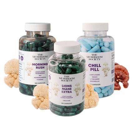 The Mushroom Society Gym Time – Morning Rush, Chill Pill & Lion’s Mane Extra – Mushroom Supplements for Energy, Focus, Relaxation & Daily Wellness – 3-Pack Bundle – 120 Vegan Capsules Each