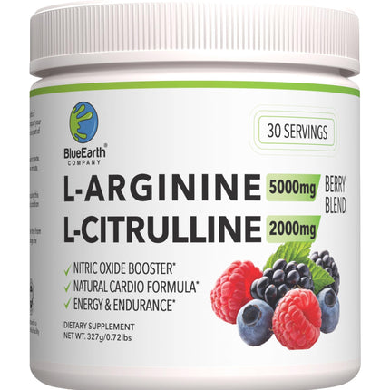 BlueEarth Company L-Arginine 5000mg + L-Citrulline 2000mg Complex Powder Supplement - Nitric Oxide Booster - Heart Health, Blood Flow, Energy & Endurance - 30 Servings (Berry Blend)