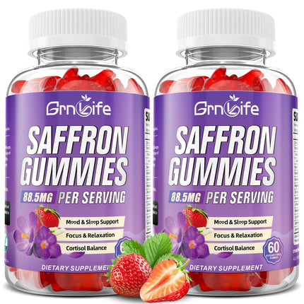 2 Pack Saffron Gummies for Kids & Adults, 10-in-1 Cortisol Supplement with Saffron 88.5mg, Vitamin D3, B6, Magnesium, Zinc, Ashwagandha, L-Theanine, St. John's Wort, for Emotions, Zzz, 120 Count