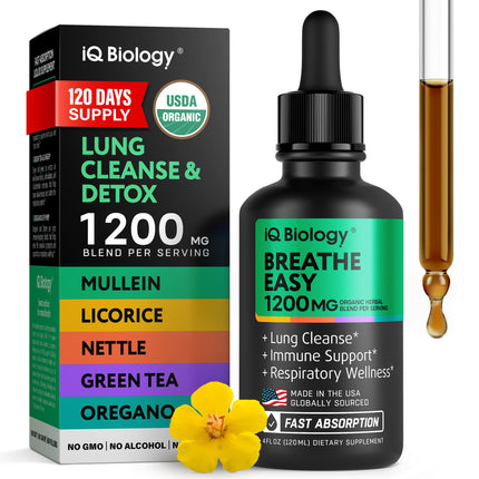 IQ BIOLOGY Mullein Drops for Lungs - USDA Organic Mullein Supplement with Arjuna - Made in USA - Lung Detox for Smokers, Bronchial Cleanse with for Respiratory to Clear Lungs, Break Up Mucus*, 4 oz