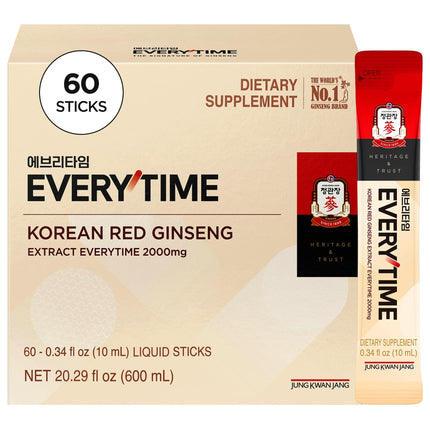 JUNG KWAN JANG Everytime Korean Red Ginseng Extract 2,000mg - Vegan Energy Drink Liquid Stick Supplements with Propolis - No Caffeine, No Gluten, Non-GMO 0.34 fl oz, 10EA (Pack of 6)