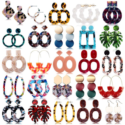 FIFATA 25 Pairs Acrylic Resin Statement Earrings Set for Women Mottled Hoop Fashion Drop Dangle Jewelry Hypoallergenic for Sensitive Ears