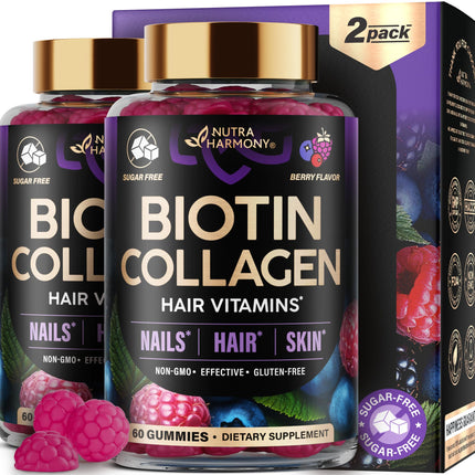 Biotin Gummies with Collagen - Hair Growth Support Skin, & Nail Strength - for Women & Men - Biotin 10000mcg | Keratin | Hyaluronic Acid | B-Complex | Saw Palmetto - Sugar-Free, Mixed Berry, Pack of 2