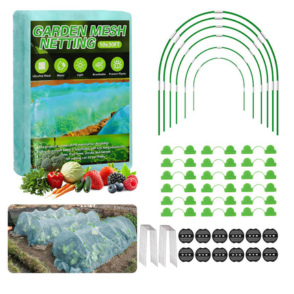 Garden Mesh Netting Kit, 10x30FT Green Ultra Fine Netting & 6 Sets 8FT Fiberglass Garden Hoops with Stake, Garden Netting with Frame for Raised Beds, Garden Hoops and Netting, Row Cover, Plant Barrier