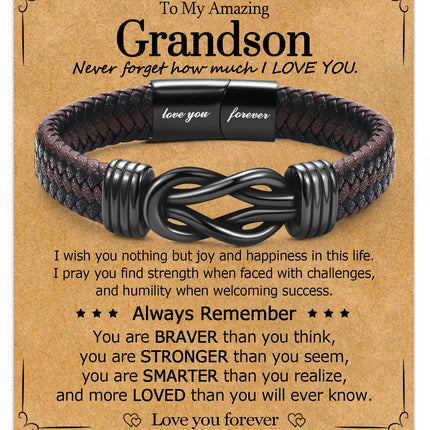 WIKHIA Gifts for Grandson from Grandpa Grandma, Cool Infinity Leather Bracelet Grandson Christmas Birthday Present Ideas for Men