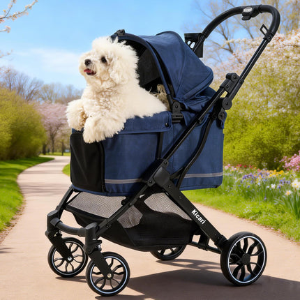 Kicari All-Terrain Dog Stroller for Small to Medium Dogs, Pet Stroller for Dogs & Cats Outdoor Walks, One-Hand Easy Fold, Double-Layer Anti-UV & Waterproof Canopy & Breathable Mesh, Midnight Blue