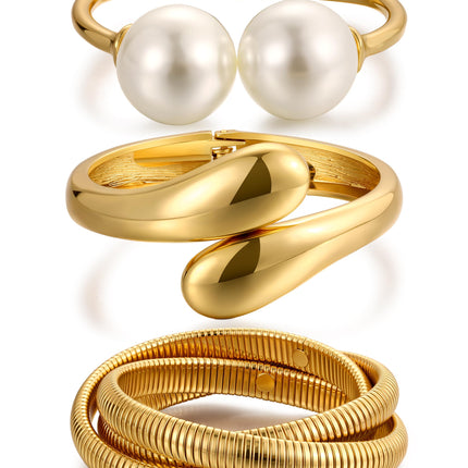 Chunky Gold Bangle Bracelets for Women, Dainty 14k Gold Plated Big Pearl Bangles Set, Trendy Statement Cuff Bracelet Stack Fashion Jewelry Gifts Summer Vacation Outfits