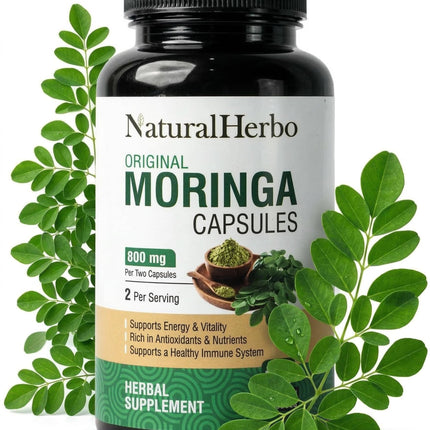 NaturalHerbo Pure Moringa Capsules - Pure Moringa Leaf Extract for Natural Energy, Digestion & Daily Wellness | Green Superfood Supplement | Vegan, Non-GMO, Gluten-Free | 120 Capsules (800mg)