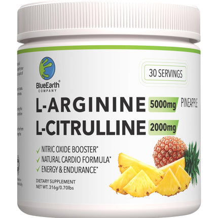 BlueEarth Company L-Arginine 5000mg + L-Citrulline 2000mg Complex Powder Supplement - Nitric Oxide Booster - Heart Health, Circulation, Energy & Endurance - 30 Servings (Pineapple)