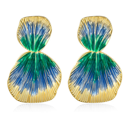Colorful 18K gold plated Boho Chunky Leaf Floral Geometric Textured Dangling Statement Earrings for Women by SNGIA, Large Orange Green Handmade Trendy Ribbed Fan Dangle Jewelry Gifts, Big Summer Round Oval Square African Beachy Vacation Flower Fashion Acc