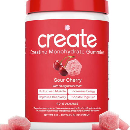 Create Creatine Monohydrate Gummies for Men & Women, Boost Focus, Strength, and Endurance, Anti-Melting Formula, Vegan, Gluten-Free, Non-GMO, 1.5g of Creatine per Gummy (Sour Cherry)