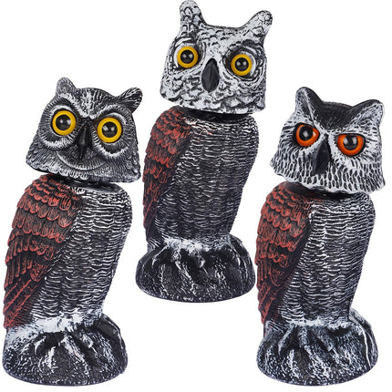 Hausse 3 Pack Bird Scarecrow Fake Horned Owl Decoy, Rotating Head Plastic Owl Bird Deterrents, Nature Enemy Horned Pest Repellent for Outdoor Garden