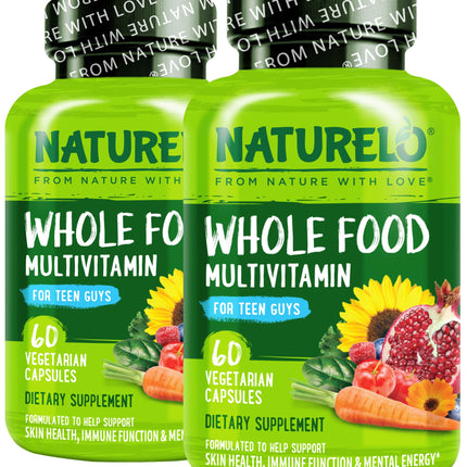 NATURELO Teen Multivitamin - Whole Food Multivitamin for Teenage Boys - Minerals Supplement for Active Kids - with Plant Extracts - Non-GMO - Vegan & Vegetarian - 60 Capsules (Pack of 2)