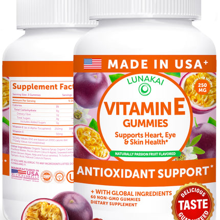 Lunakai USA Made Vitamin E 400 IU Gummies with Vitamin C 50mg, for Eye, Immune & Skin Support - d-Alpha-Tocopherol for Adults, Women & Men, Non-GMO Vegan, 60 Daily VIT E Gummies