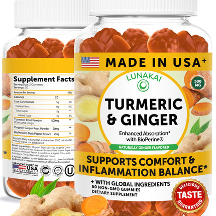 Lunakai USA Made Turmeric and Ginger Supplement Gummies 500mg with Black Pepper – High Absorption Curcumin Turmeric Gummies for Joint Comfort, Daily Immune Support, Non-GMO, 60ct