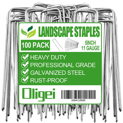 Oligei 100 Pack Garden Stakes, U-Shaped Tent Stakes, Galvanized Landscape Staples, Ground Stakes, for Landscaping Securing Weed Barrier Fabric, Irrigation Tubing, Holding Fence, Tarpaulin