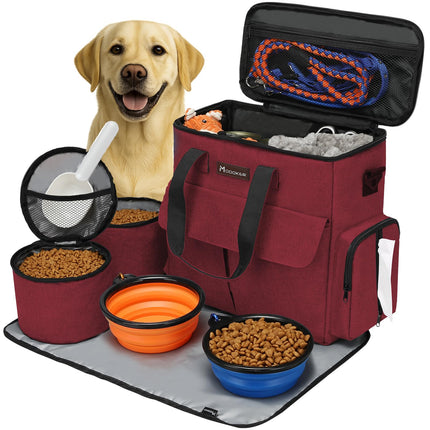 Airline Approved Pet Travel Bag, Weekend Travel Set for Dog and Cat, Airline Approved Tote Organizer with Multi-Function Pockets, 2 Dog Food Storage Containers, 2 Collapsible Bowls (Rose Red)